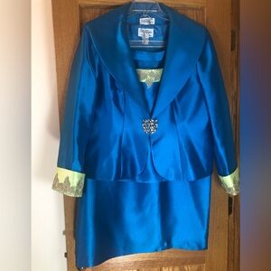 Elegant Teal Satin Three Piece Suit with Gold Accents